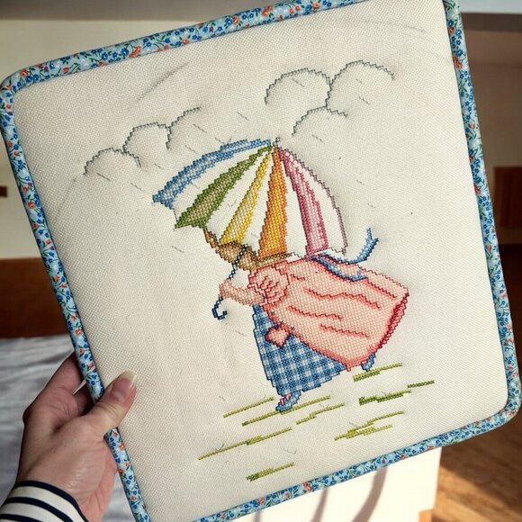 Vintage Elsa Williams Rainbow Umbrella Little Girl  Framed Cross Stitch Cottage - Picture 3 of 6